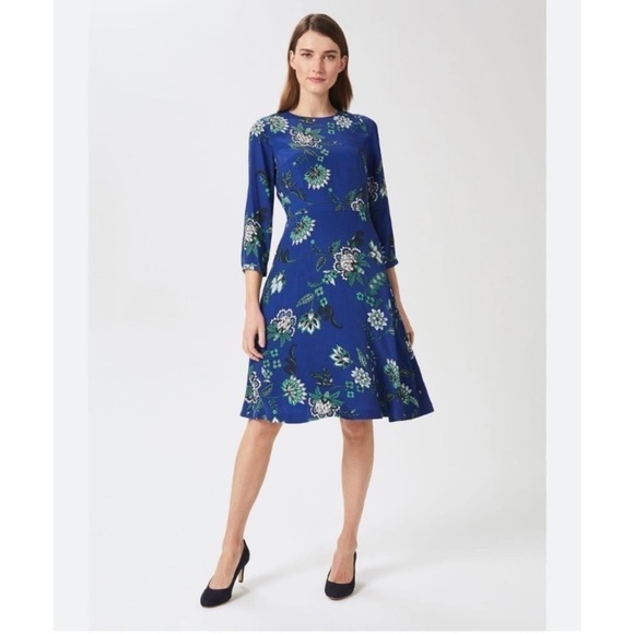 Hobbs London Marietta floral royal blue midi size 4 classic elegant party Dress - Picture 1 of 15